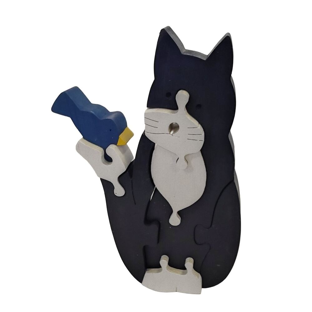 Wooden Jigsaw Puzzle Tuxedo Cat & Blue Bird 9"Black White Blue Decorative